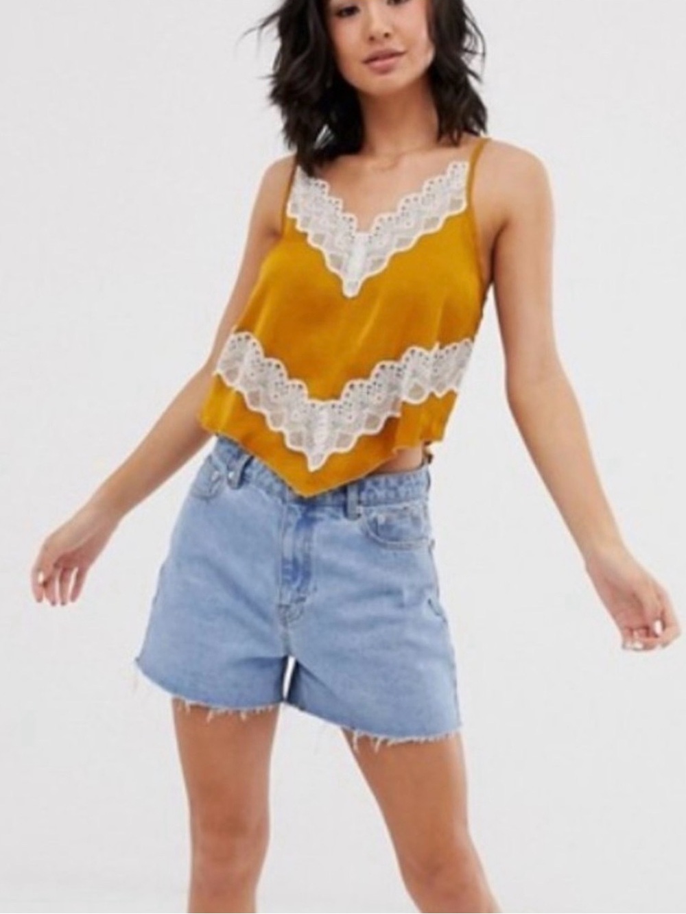 Free People Intimately Your Eyes Gold Satin Camisole with Lace Trim